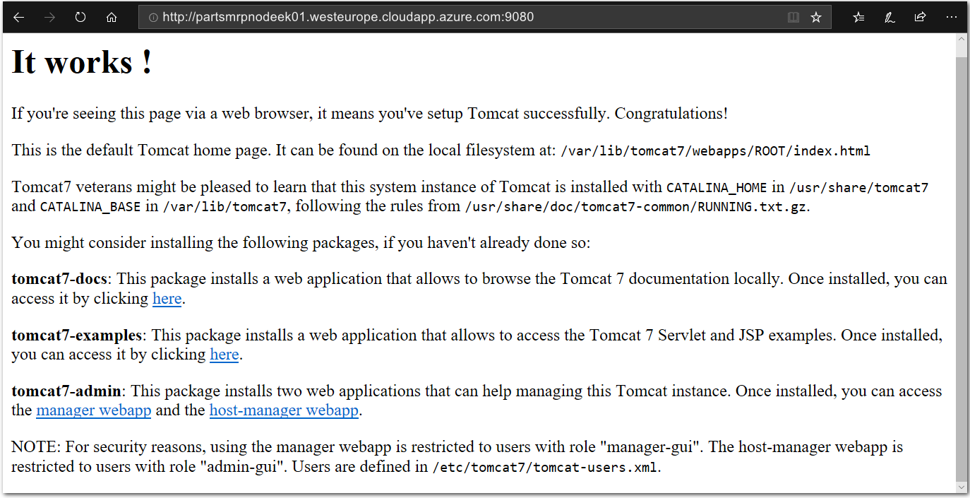 Screenshot of the Tomcat Confirmation webpage at http://partsmrpnodeek01.westeurope.cloudapp.azure.com:9080, inside the Microsoft Edge web browser. The image illustrates how to view the Tomcat Confirmation webpage in a web browser to verify that Tomcat is running correctly.